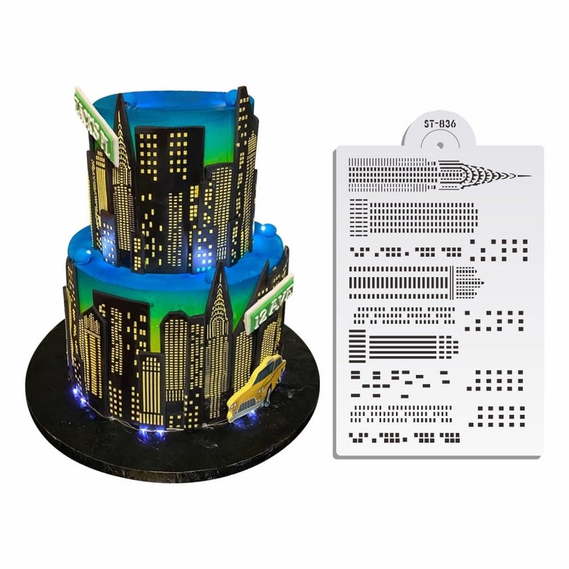 AK ART KITCHENWARE Art Kitchenware Skyscrapers Plastic Cake Stencil for Airbrush Royal Icing Fondant Cake Decorating Bakery Tools 8.5"*5.7" ST-836 - Image 1
